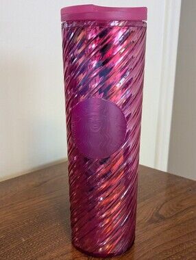 NWT Pink Starbucks travel mug 2022 Pink Holiday Candy Cane Swirl Tumbler Grande
